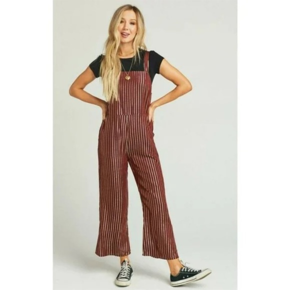 Show Me Your MuMu Pants - Show Me Your Mumu, Yvonne Metallic Red Stripe Metallic Overall Jumpsuit Size L